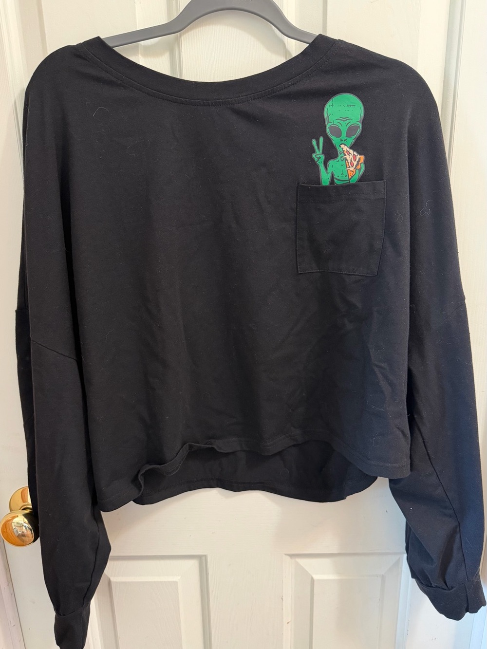 Black Pocket Long Sleeve with Green Alien Graphic